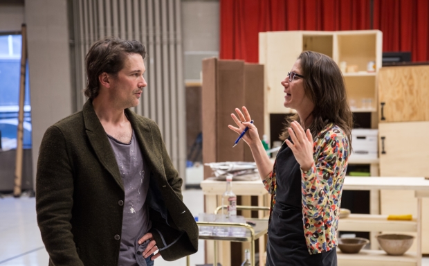 Anne Kauffman gives direction to Chris Stack (Sidney) in The Sign in Sidney Brustein's Window.