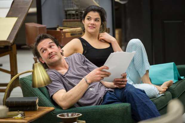 Chris Stack (Sidney) and Diane Davis (Iris) rehearse a scene from The Sign in Sidney Brustein's Window.