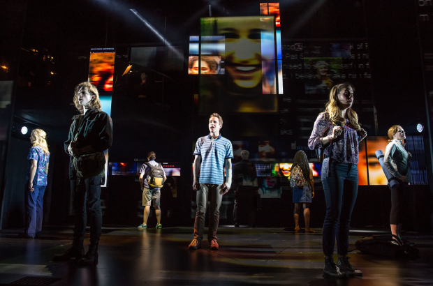 Ben Platt (center) and the cast of Dear Evan Hansen, directed by Michael Greif, at Second Stage Theatre.
