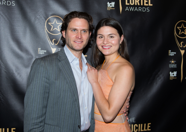 Hamilton&#39;s Phillipa Soo escorts her date Steven Pasquale, who won Outstanding Lead Actor in a Musical for The Robber Bridegroom.