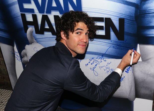 Darren Criss signs Evan Hansen&#39;s cast at the afterparty.