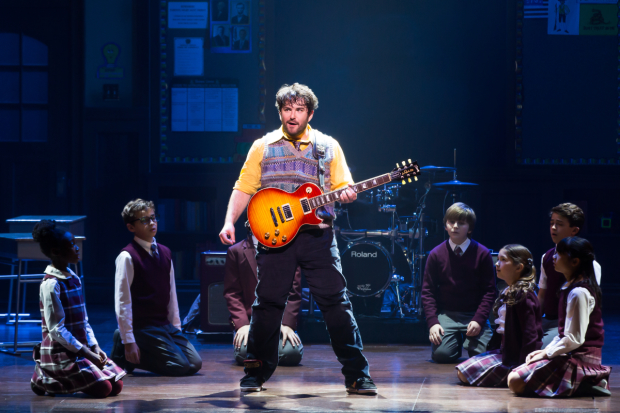 Alex Brightman leads a cast of child actors in Broadway&#39;s School of Rock. 