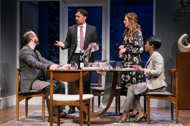Joe Isenberg as Isaac, Nehal Joshi as Amir, Ivy Vahanian as Emily, and Felicia Curry as Jory in Disgraced at Arena Stage, directed by Timothy Douglas.