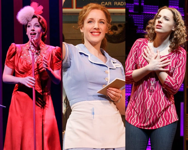 Jessie Mueller in her three Tony-nominated roles: Melinda Wells (On a Clear Day You Can See Forever), Jenna (Waitress), and Carole King (Beautifull).
