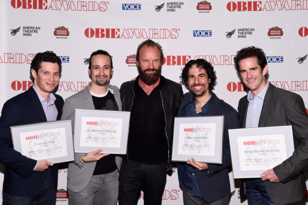 Sting (center) poses with the Hamilton creative team after the 2015 Obie Awards.