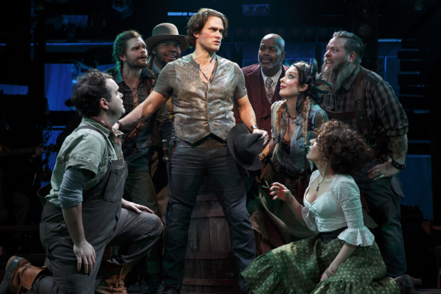 Steven Pasquale (center) stars in the revival of Alfred Uhry and Robert Waldman&#39;s The Robber Bridegroom, directed by Alex Timbers, for Roundabout Theatre Company at the Laura Pels Theatre.