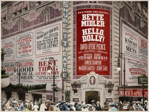 A mockup of the Shubert Theatre marquee for Hello, Dolly!