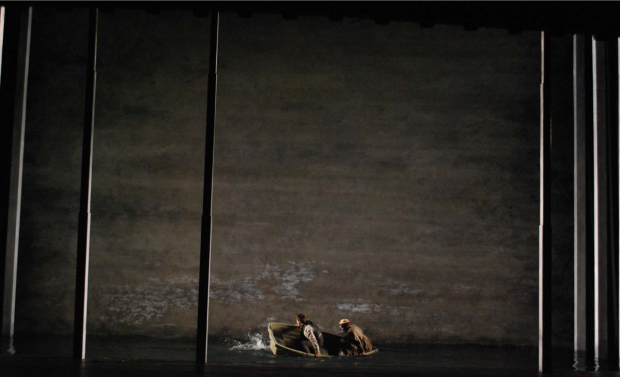 Matt Ryan and Keira Knightley rock the boat on the Seine River that Beowulf Boritt created for Helen Edmundson&#39;s Thérèse Raquin, directed by Evan Cabnet, at Studio 54.