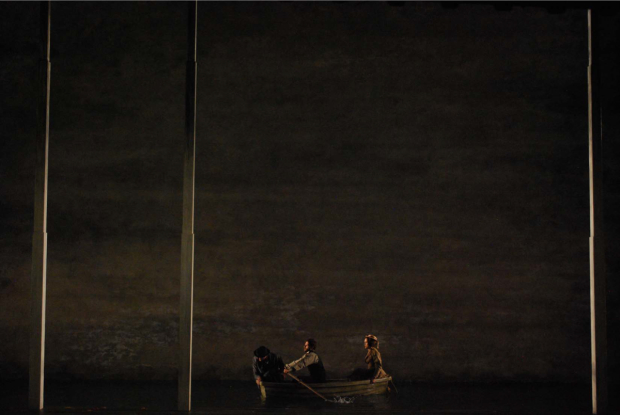 Camille (Gabriel Ebert), Laurent (Matt Ryan), and Thérèse (Kiera Knightley) row out onto the river.