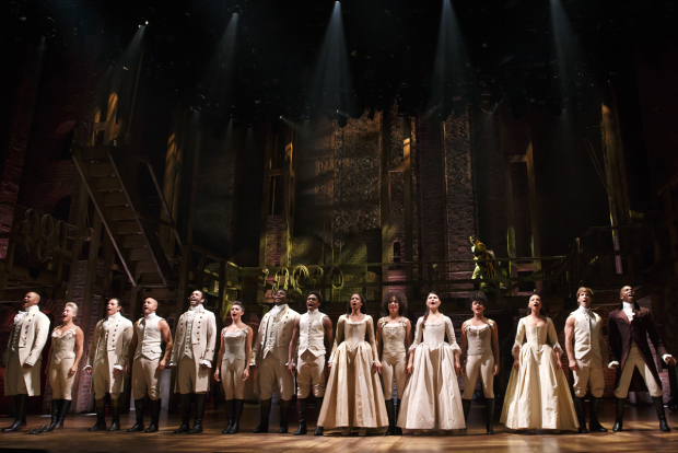 The Broadway cast of Hamilton at the Richard Rodgers Theatre.
