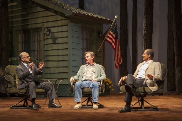 Ned Eisenberg (Menachem Begin), Richard Thomas (Jimmy Carter), and Khaled Nabawy (Anwar Sadat) in the west coast premiere of Lawrence Wright&#39;s Camp David, directed by Molly Smith, at the Old Globe Theatre. 