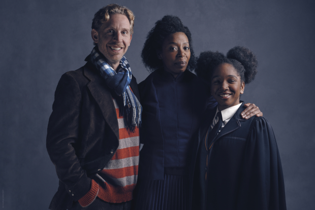 Paul Thornley, Noma Dumezweni, and Cherrelle Skeete pose for a Granger-Weasley family photo.