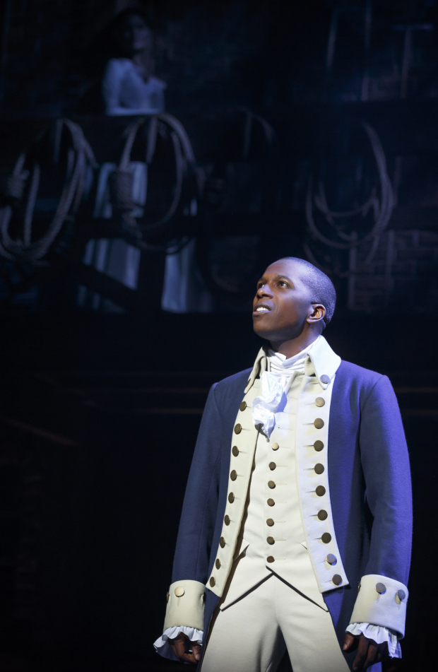 Leslie Odom Jr. as Aaron Burr in Hamilton at the Richard Rodgers Theatre.