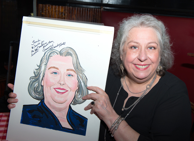 Jayne Houdyshell poses proudly with her Sardi&#39;s drawing.