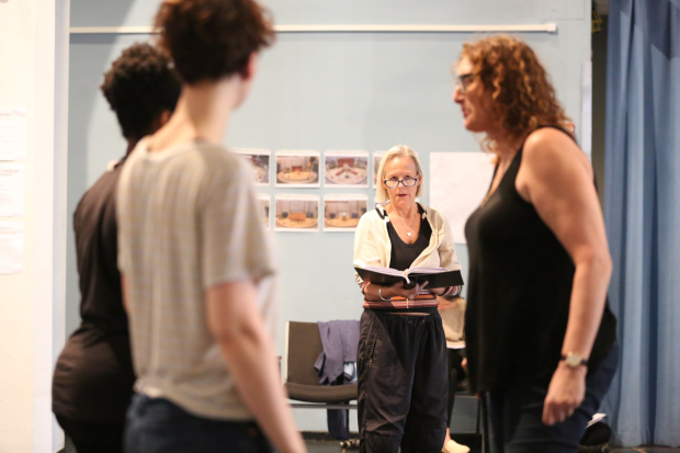 Director Phyllida Lloyd (center) observes a rehearsal for The Taming of the Shrew, set to play the Delacorte Theater in Central Park.