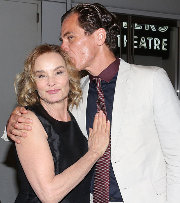 Long Day&#39;s Journey Into Night nominee Michael Shannon gives a big kiss to his fellow nominee and stage mom, Jessica Lange.