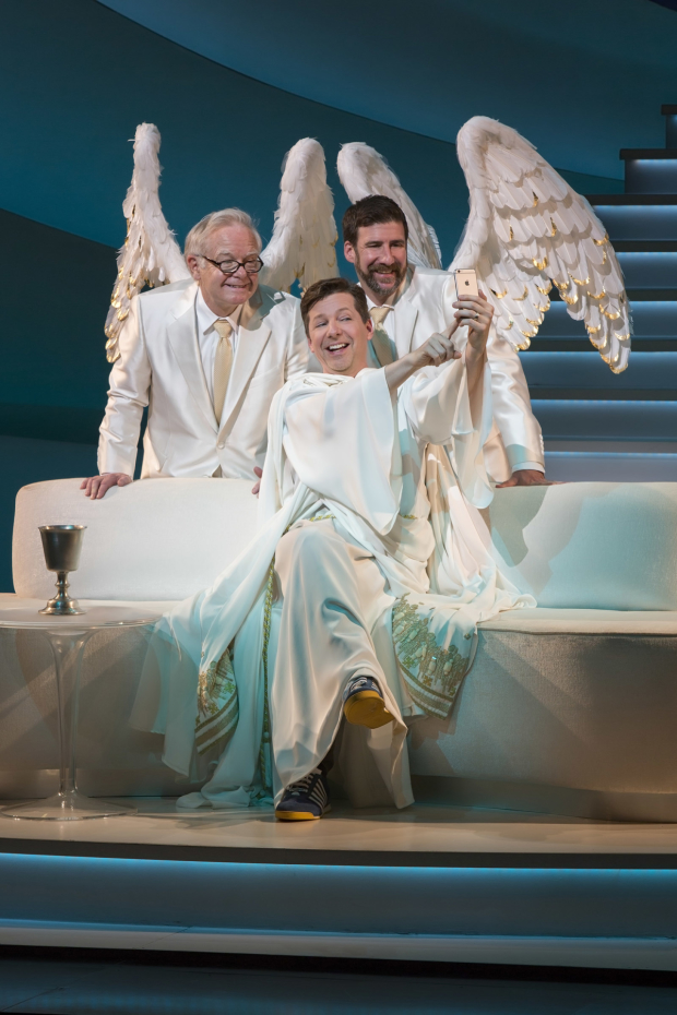 James Gleason plays Gabriel, Sean Hayes plays God, and David Josefberg plays Michael in An Act of God.