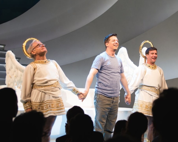 James Gleason, Sean Hayes, and David Josefsberg take their bow on the opening night of An Act of God at the Booth Theatre.