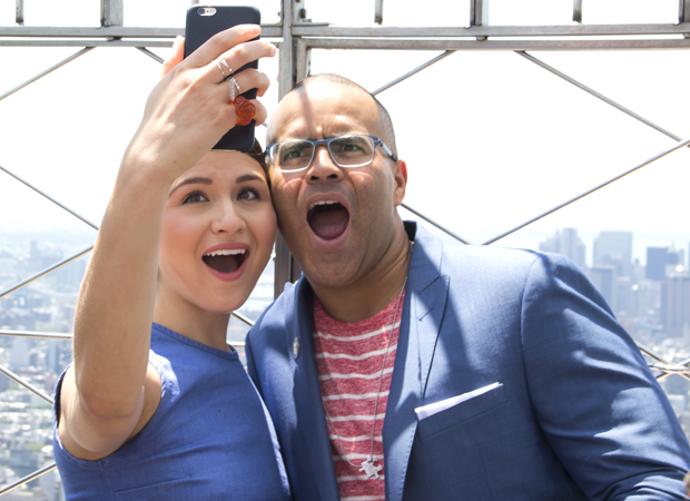 Hamilton Tony nominees Phillipa Soo and Christopher Jackson take a selfie at the top of the Empire State Building.