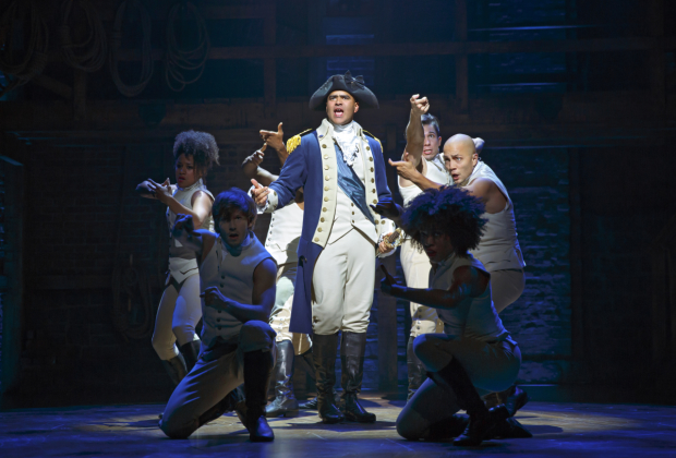 Christopher Jackson as George Washington with the ensemble of Hamilton onstage at the Richard Rodgers Theatre.