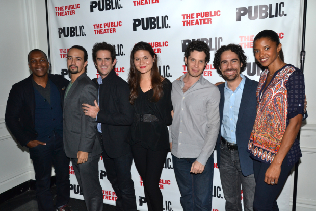 Andy Blankenbuehler (third from right) with Leslie Odom Jr., Lin-Manuel Miranda, Phillipa Soo, Thomas Kail, Alex Lacamoire, and Renée Elise Goldsberry.