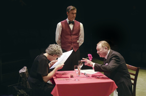 Elizabeth Boag as Mrs. Pearce, Stephen Billington as the waiter, and Russell Dixon as Mr. Pearce in Confusions, written and directed by Alan Ayckbourn.