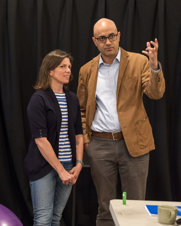 Director Kimberly Senior and playwright Ayad Akhtar in rehearsal for Akhtar's Pulitzer-winning play Disgraced, which begins performances tonight at the Center Theatre Group/Mark Taper Forum at the Los Angeles Music Center.