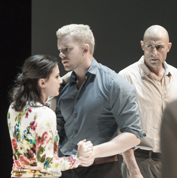 Phoebe Fox, Russell Tovey, and Mark Strong in A View From the Bridge at the Lyceum Theatre.