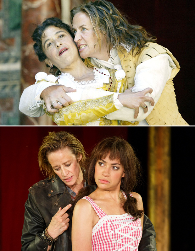Top: Katherine Hunter and Janet Mcteer as Katherina and Petruchio in Phyllida Lloyd&#39;s all-female Taming of the Shrew in 2003 at Shakespeare&#39;s Globe in London.
Bottom: Janet McTeer and Cush Jumbo as Petruchio and Katherina in Lloyd&#39;s 2016 free Shakespeare in the Park production at the Delacorte Theater.