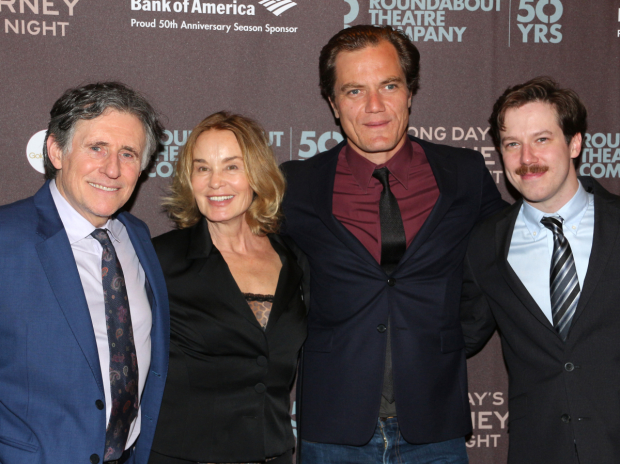 John Gallagher Jr. (right), with Long Day&#39;s Journey Into Night cast members Gabriel Byrne, Jessica Lange, and Michael Shannon.