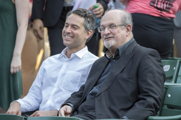 Omar Metwally and Salman Rushdie take their seats at the latest Public Forum event.