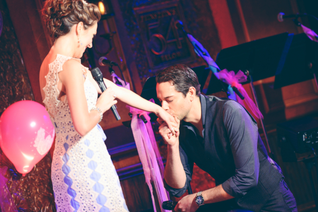 Actual Disney hero Zachary Levi (Tangled&#39;s Flynn Rider) surprises Broadway Cinderella Laura Osnes with a kiss on the hand.