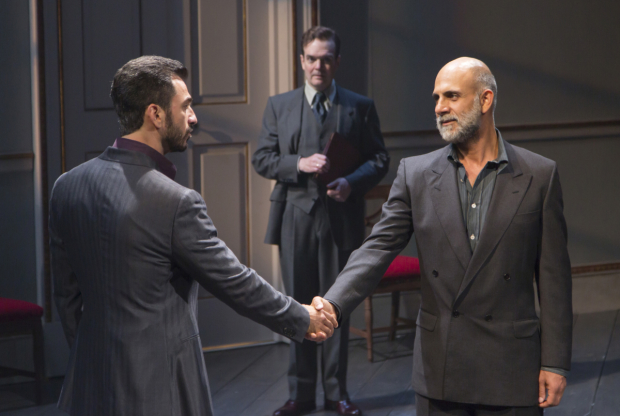 Michael Aronov, Jefferson Mays, and Anthony Azizi in J.T. Rogers&#39; Oslo at the Mitzi E. Newhouse Theatre.