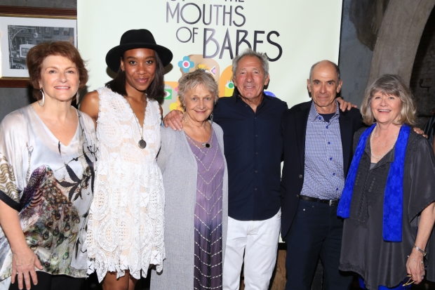 Angelina Fiordellisi, Francesca Choy-Kee, Estelle Parsons, playwright Israel Horovitz, director Barnet Kellman, and Judith Ivey celebrate Out of the Mouths of Babes.
