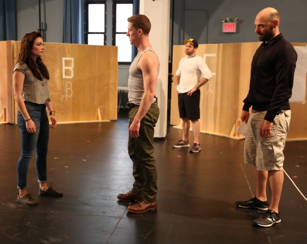 Ismenia Mendes, Zach Appelman, Forrest Malloy, and Corey Stoll rehearse a scene from Troilus and Cressida.
