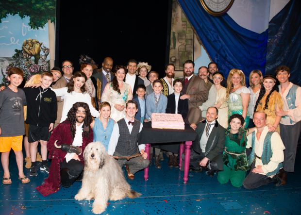 The cast of Finding Neverland toasts 500 performances at the Lunt-Fontanne Theatre.