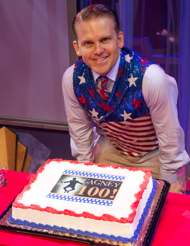 Robert Creighton shows off Cagney&#39;s 100th performance cake.