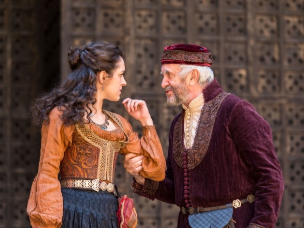 Jonathan and Phoebe Pryce as Shylock and Jessica in the Globe production of The Merchant of Venice. 