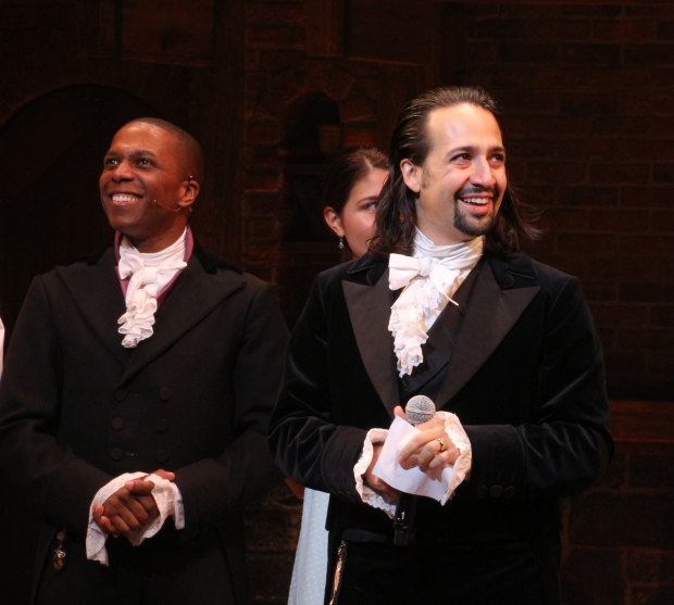 August 6, 2015: Leslie Odom Jr. and Lin-Manuel Miranda are thrilled to open Hamilton on Broadway.