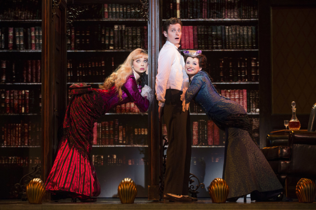 Kristen Beth Williams as Sibella Hallward, Kevin Massey as Monty Navarro, and Adrienne Eller as Phoebe D&#39;Ysquith in a scene from A Gentleman&#39;s Guide to Love &amp; Murder.