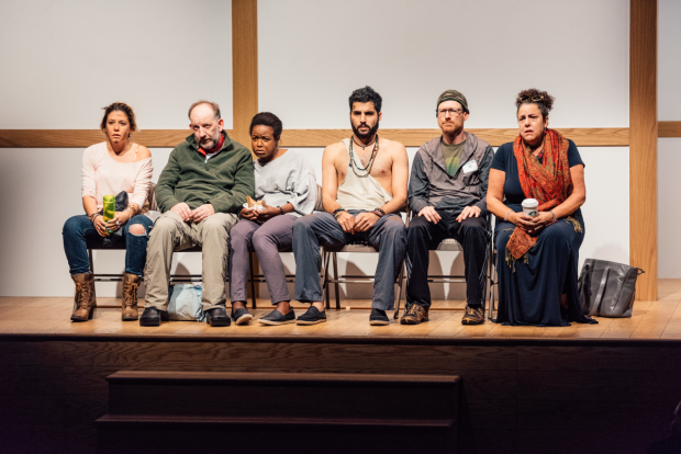 Zoë Winters, Max Baker, Quincy Tyler Bernstine, Babak Tafti, Brad Heberlee, and Marcia DeBonis star in Bess Wohl&#39;s &quot;Small Mouth Sounds&quot;, directed by Rachel Chavkin, at the Pershing Square Signature Center.