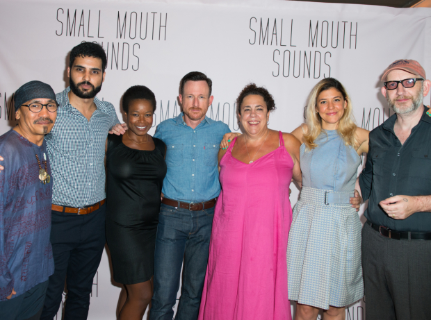 The cast of Small Mouth Sounds: Jojo Gonzalez, Babak Tafti, Quincy Tyler Bernstine, Brad Heberlee, Marcia DeBonis, Zoë Winters, and Max Baker.