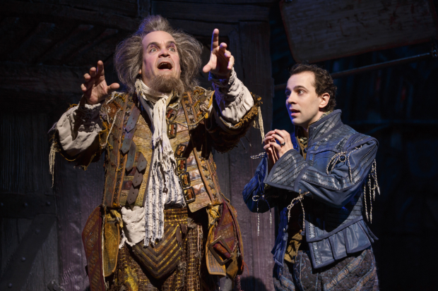 Rob McClure (right) as Nick Bottom with Brad Oscar as Nostradamus in Something Rotten!