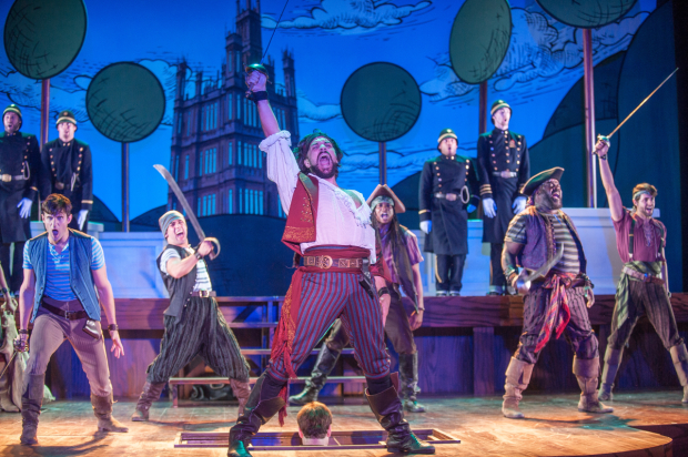 Will Swenson (center) plays the Pirate King in John Rando&#39;s production of The Pirates of Penzance at Barrington Stage Company.