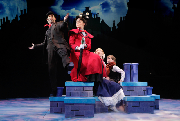 Brad Bradley (Bert) and Kerry Conte (Mary Poppins) with Scarlett Keene-Connole (Jane Banks) and Jake Ryan Flynn (Michael Banks) in North Shore Music Theatre&#39;s production of Mary Poppins, directed by Kevin P. Hill.