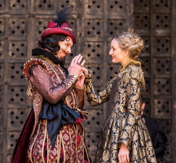 Christopher Logan as the Prince of Arragon and Rachel Pickup as Portia in The Merchant of Venice.