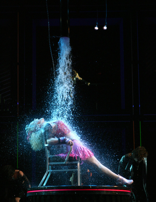 Amy Spanger gets doused with water in a scene from Chad Beguelin, Matthew Sklar, and Tim Herlihy&#39;s Broadway musical The Wedding Singer.