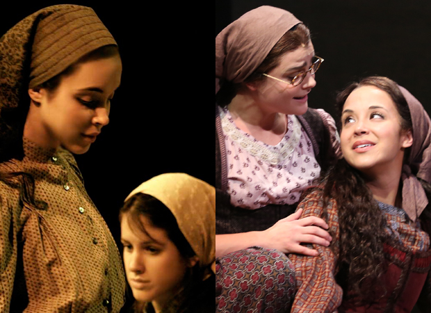 Alexandra Silber as Hodel and Natasha Broomfield as Chava in the 2007 West End production of Fiddler on the Roof (left); Melanie Moore as Chava and Alexandra Silber as Tzetiel in the 2015 Broadway revival of Fiddler on the Roof (right).