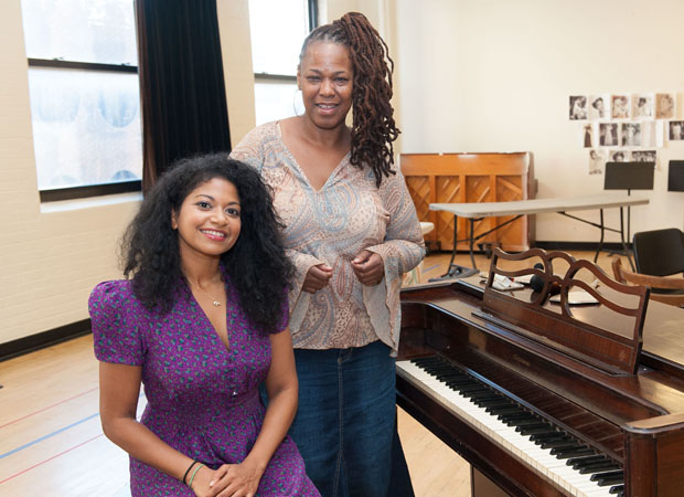Rebecca Naomi Jones and Kecia Lewis in rehearsal for Atlantic Theater Company's world premiere production of George Brant's play with music Marie and Rosetta.