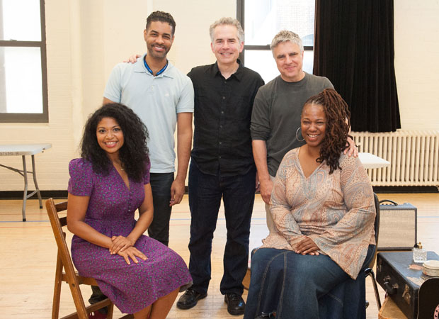 Rebecca Naomi Jones, music director Jason Michael Web, playwright George Brant, director Neil Pepe, and Kecia Lewis pose for a photo.